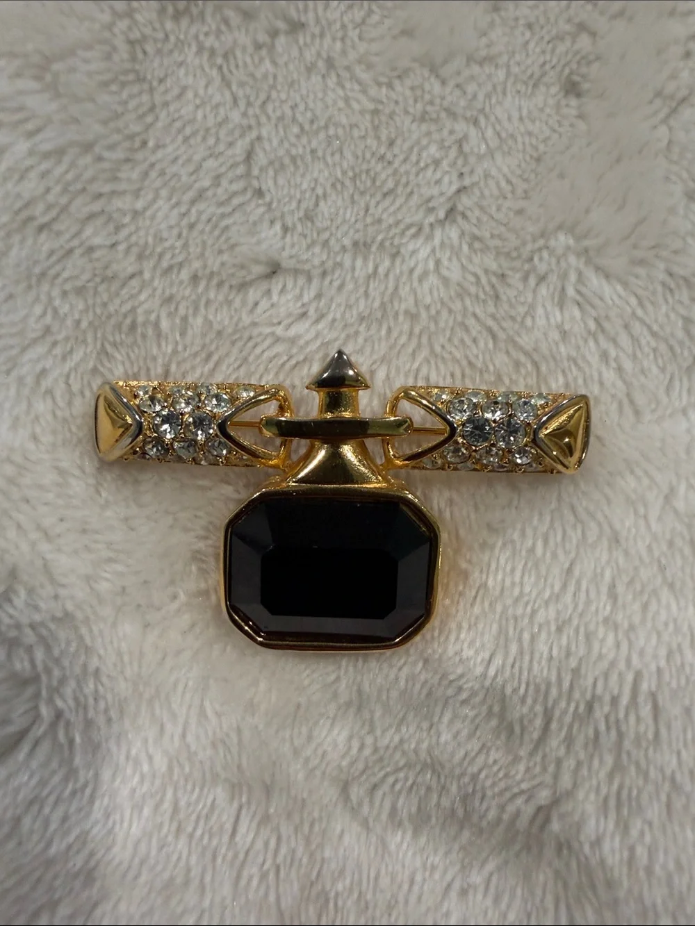 Vintage- Gold-Tone Black and Clear Crystal Bar Brooch